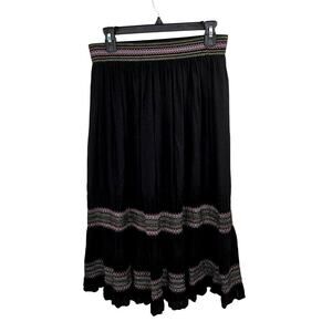 LINDA ANDERSON Boho Peasant Embroidered Tiered Maxi Skirt Black Size Small